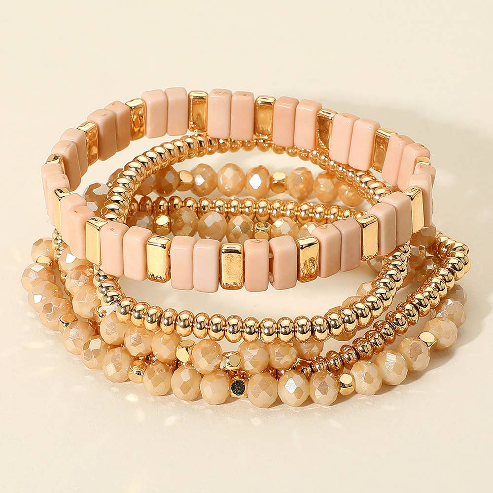 Sensibling Corp. - Wholesale Jewelry Set - 5PCS - Mixed Shape Textured Beaded Stretch Multi Layered Bracelets4