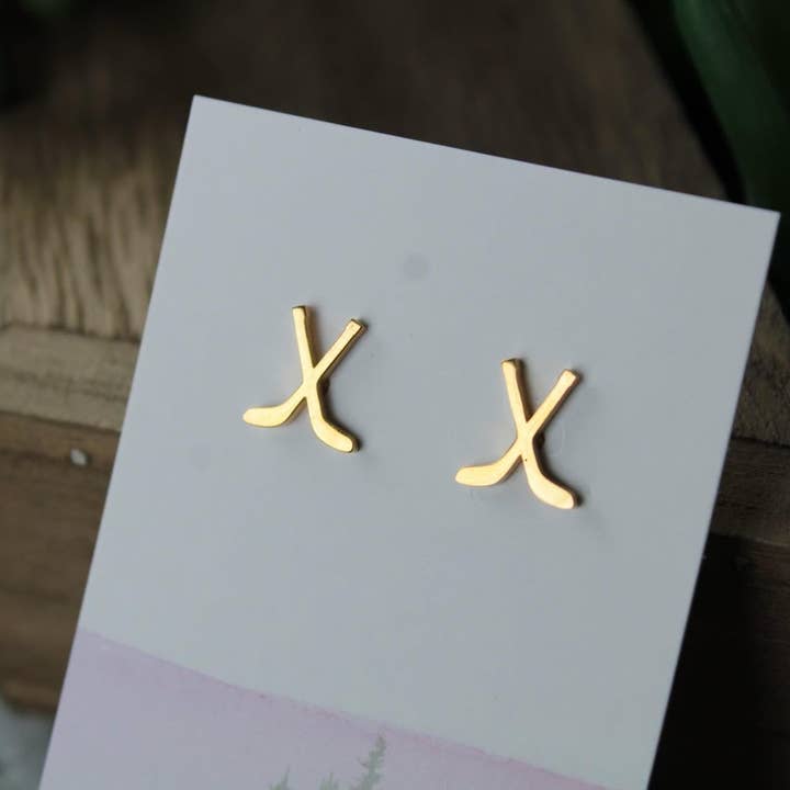 Gold Hockey Stick Earrings for wholesale by Fiddle & Fox