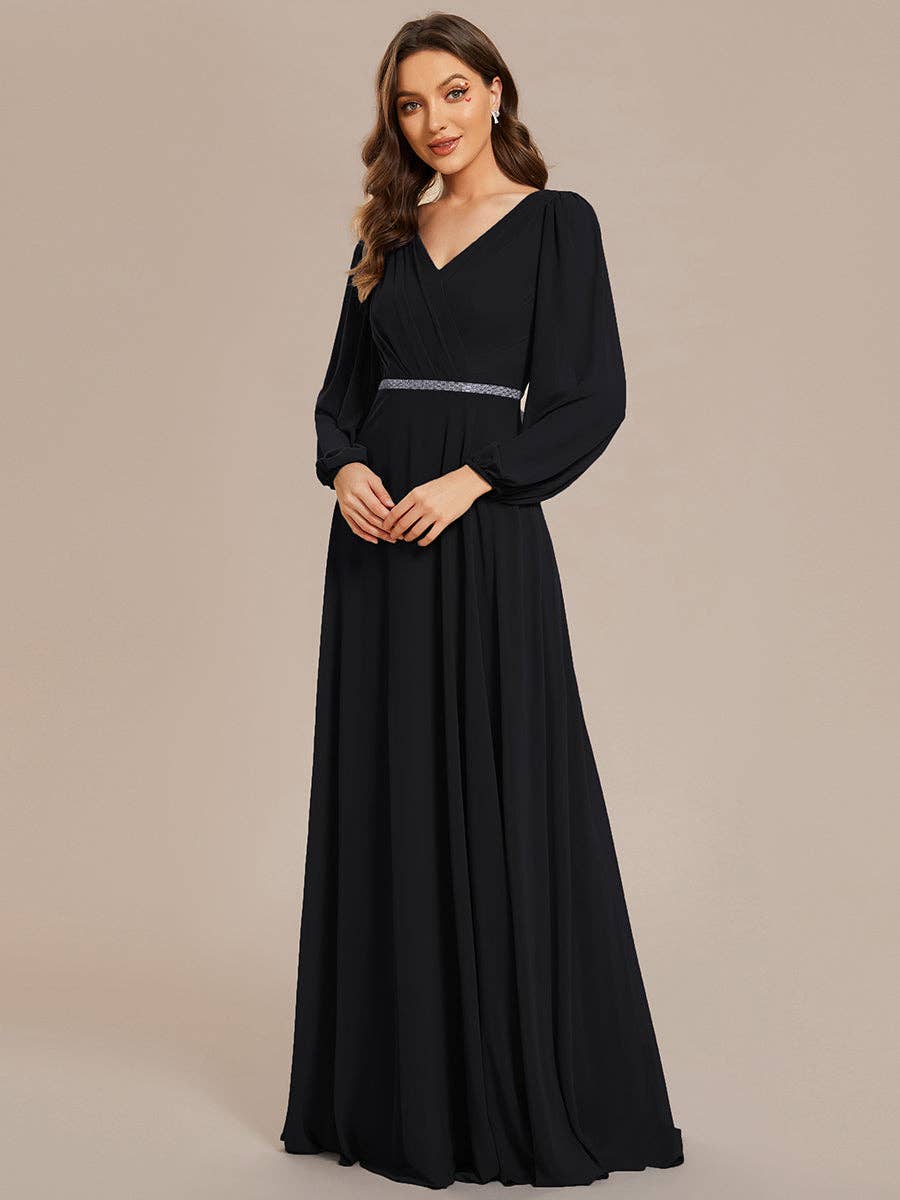 Ever-Pretty - Wholesale Gown - Women's - Elegant waisted chiffon V-neck Long Sleeve guest Dress25
