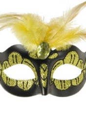 Kinky Pleasure - Wholesale Costume – Unisex - Power Escorts - BR248 Ye - Venetian Mask Yellow with Yellow Stone Feather on Top - Adjustable Kinky Mask