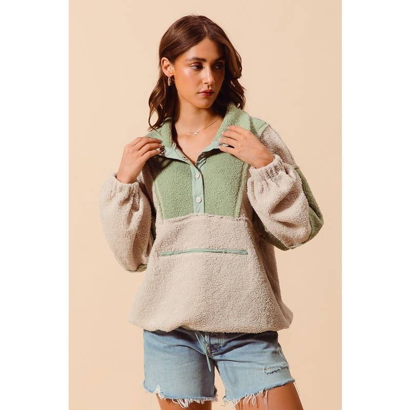 IVE - Vendita all'ingrosso Felpa - Donna - PULLOVER AMPIO IN PELLICCIA SHERPA A BLOCCHI DI COLORE