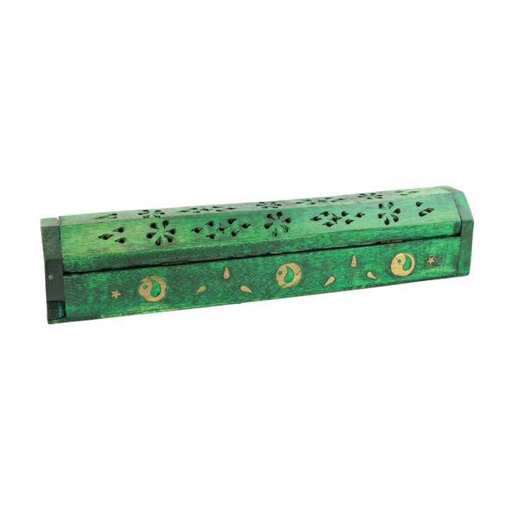 Hand Carved Wooden Incense Burner Box - Green Ying Yang for wholesale by Designs by Deekay Inc.