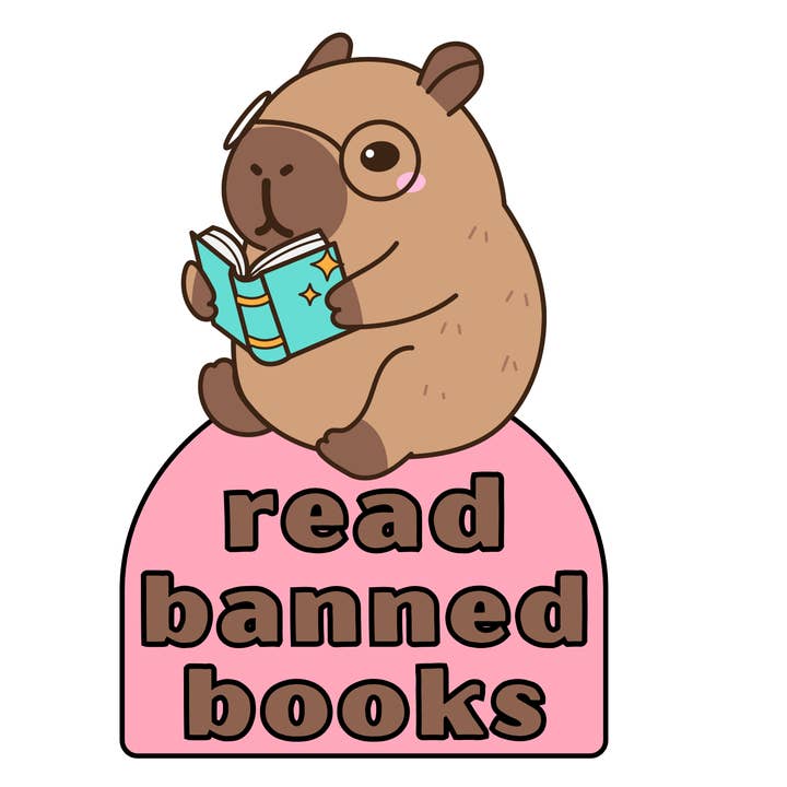 "Read Banned Books" Capybara Die-Cut Mylar Sticker for wholesale by Jaala Spiro