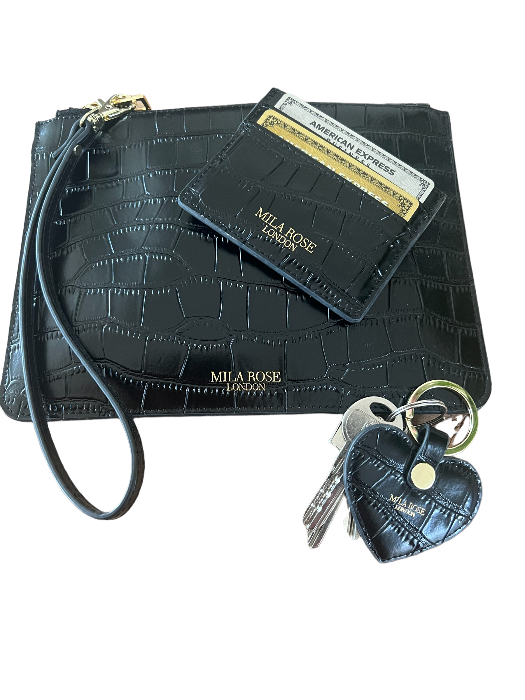 Mila Rose London - Vente Pochette – femme - Pochette en cuir noir imprimé crocodile Cadeau de Noël8