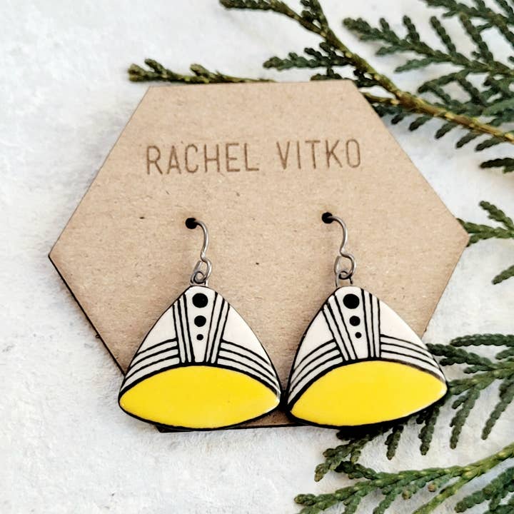 Hand painted (ON BOTH SIDES) ceramic dangle earrings. (Copy) for wholesale by Rachel Vitko Pottery