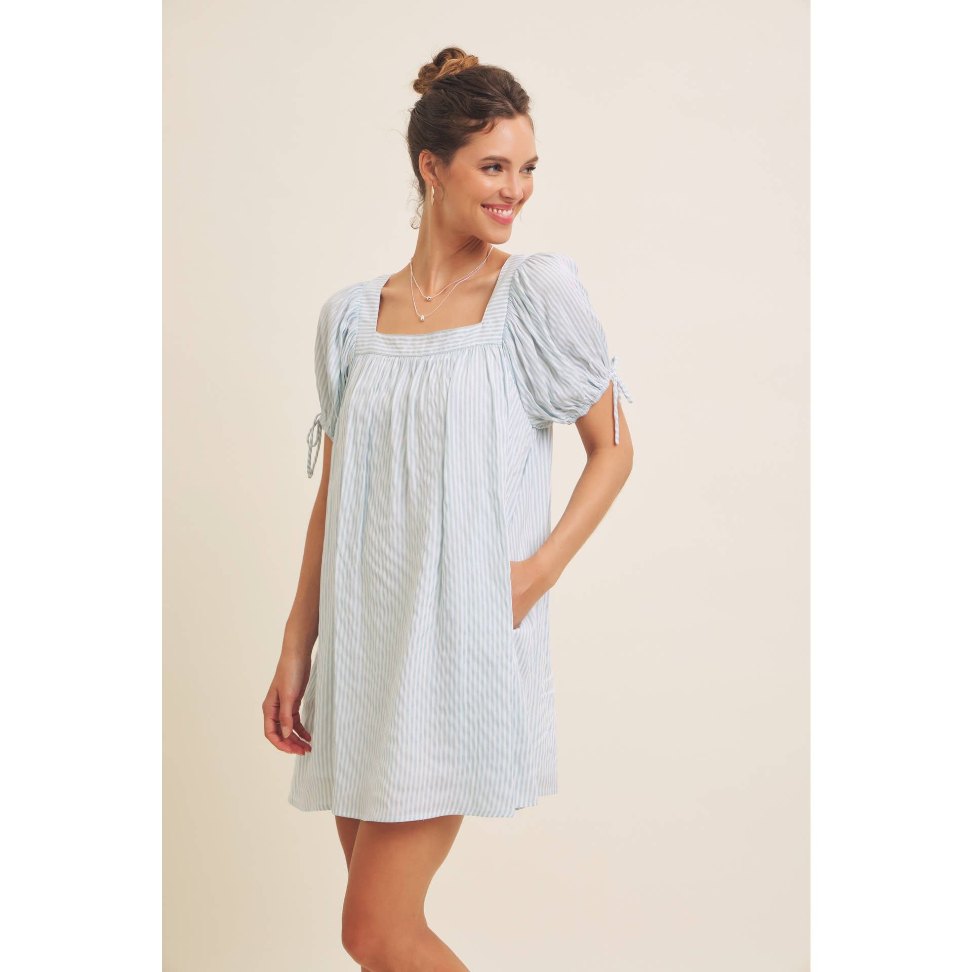 in february - Wholesale Dress - Women's - SQUARE NECK STRIPE FLARE MINI DRESS WITH BOW ON THE SLEEVES18