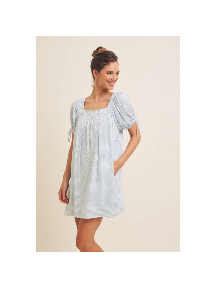 in february - Wholesale Dress - Women's - SQUARE NECK STRIPE FLARE MINI DRESS WITH BOW ON THE SLEEVES18