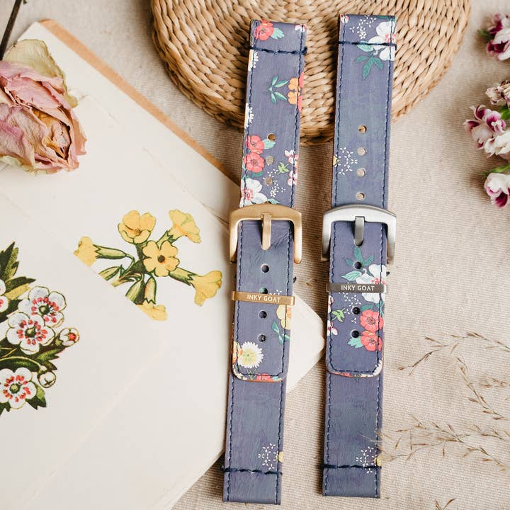 Leather Garmin Watch Strap Blue Flower Style for wholesale by Inky Goat