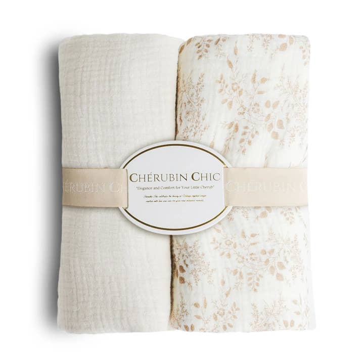 Vintage Babyfilt: Silkeslen, hypoallergenisk komfort, set om 2 - Beige & Blommig Taupe för wholesale av Cherubin Chic