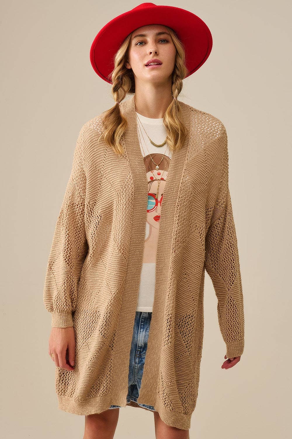 BEIGE Camel Draped Cardigan With Crochet Design for wholesale on Faire1