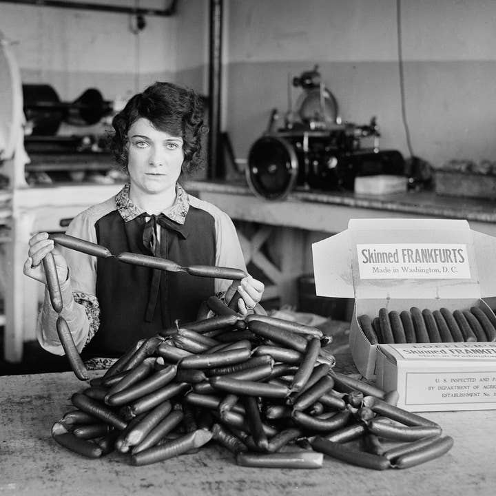 Lady in frankfurter factory vintage photographic card for wholesale by Inky Blue Ltd t/a Holy Mackerel