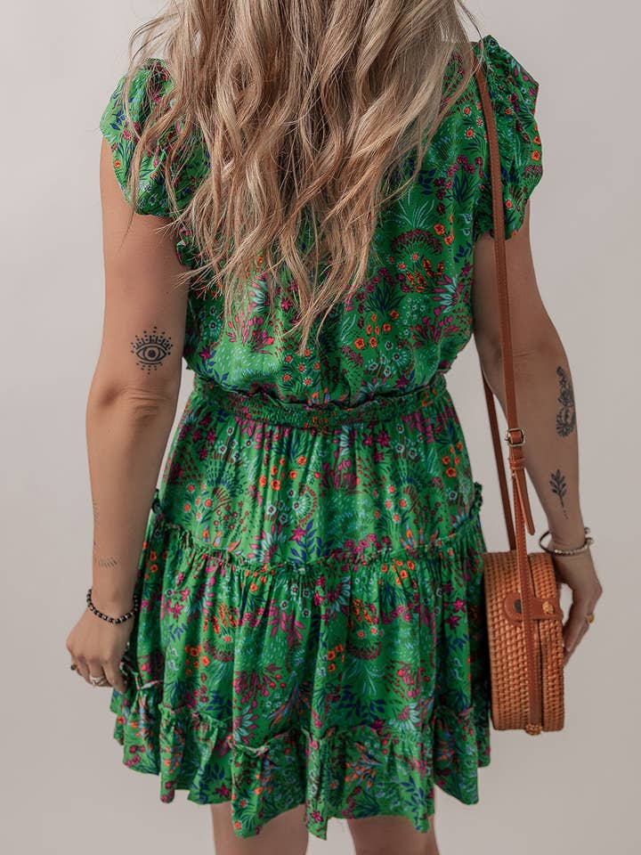 Green Floral Tie Split Neck Frilly Ruffle Trim Tiered Short Dress for wholesale on Faire2