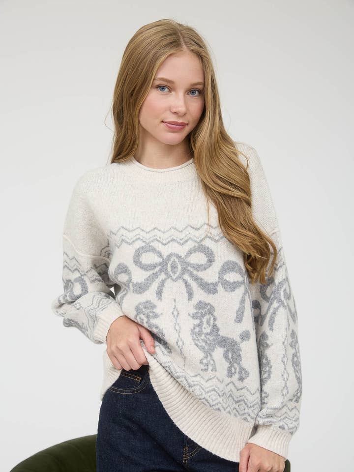 POODLE BOW JACQUARD KNIT PULLOVER SWEATER for wholesale by The Workshop Studio