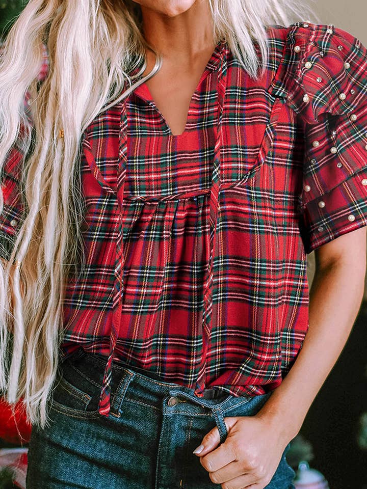 FB Plaid Pearl Embellished Ruffle Short Sleeve Blouse for wholesale by FASHION BLVD