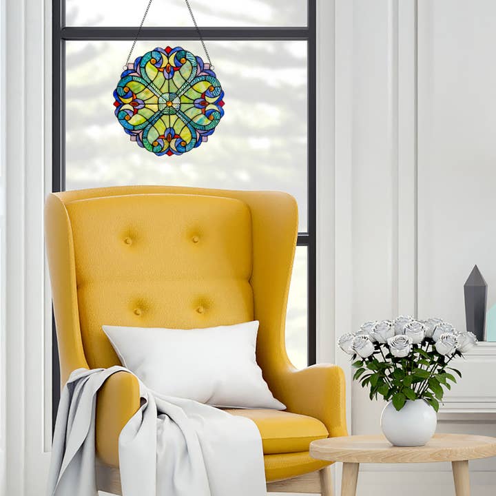 Blue 12"H Halston Multicolor Stained Glass Window Panel for wholesale on Faire7