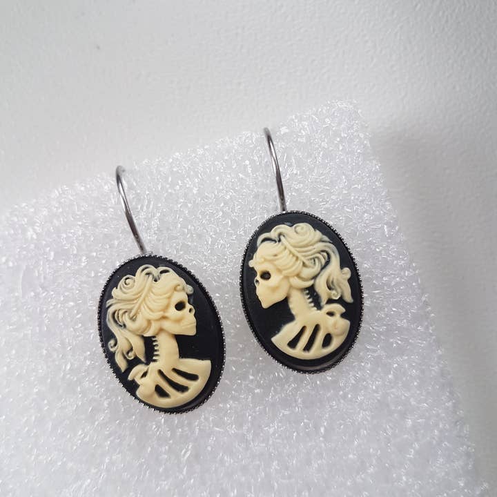 SMALL LADY SKULL CAMEO EARRINGS for wholesale by The Black Wardrobe
