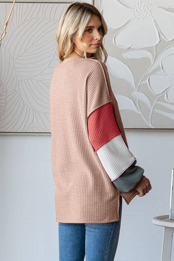 7th Ray – wholesale Knit top – Women's – Waffle Knit Color Block Button Front Balloon Sleeve TopT572411