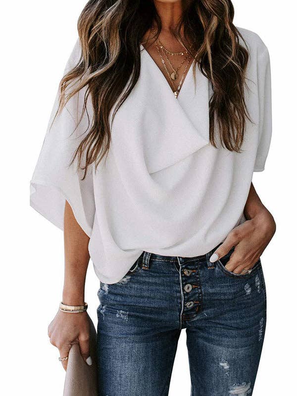 Plush Looks - Vente Chemisier – femme - T-shirt plissé original et décontracté de couleur unie