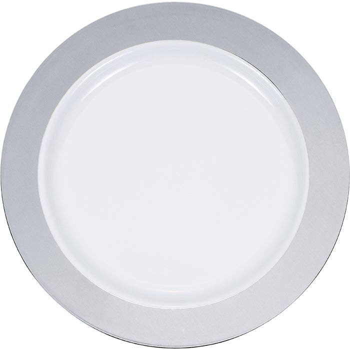 Bulk Silver Rim Plastic Dinner Plates (120 per Case) for wholesale by Bulk Party Decor