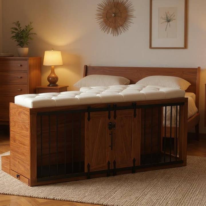 2-in-1 Dog Crate with Padded Seat, Sliding Barn Door, Walnut for wholesale by 39F Inc.