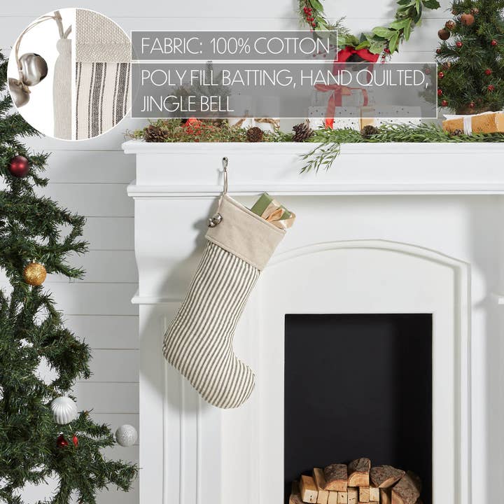 VHC Brands - Wholesale Holiday Stocking - Sawyer Mill Charcoal Ticking Stripe Stocking 12x20