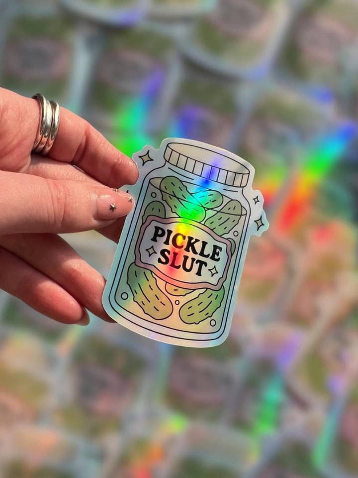 Pickle lover vinyl holographic sticker, pickle sticker for wholesale by Sacred Hart Co