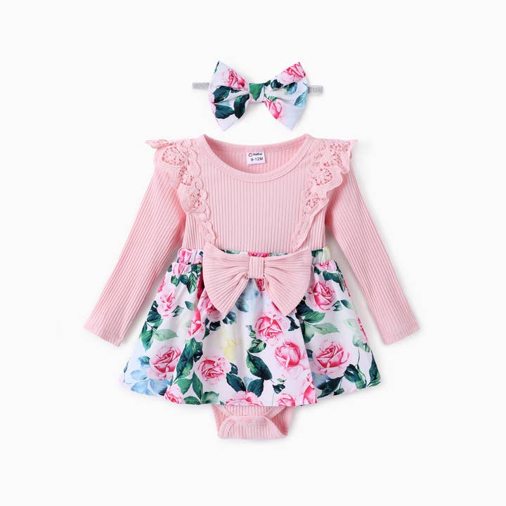 Baby Girl Floral Print Ruffled Romper with Headband for wholesale by PatPat