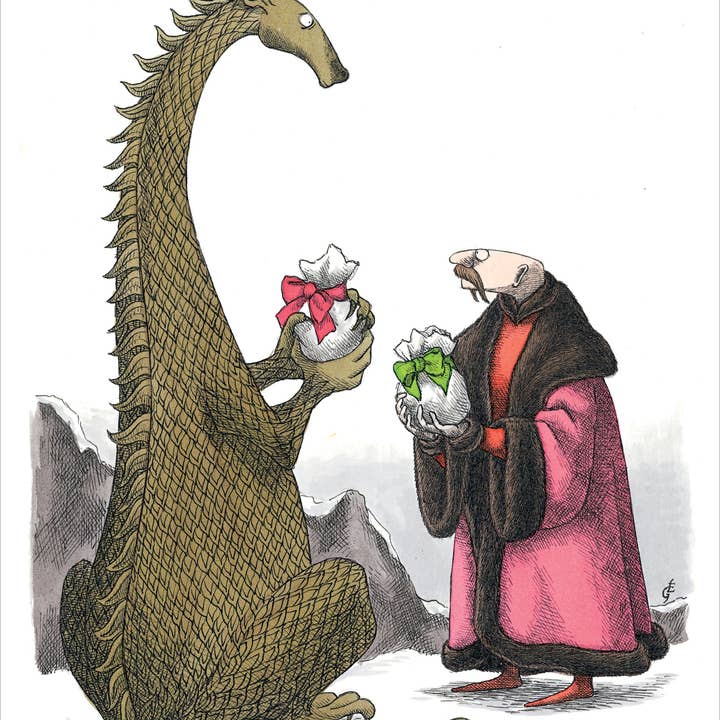 Pomegranate - Wholesale Christmas Card - Edward Gorey: Dragon and Man Exchange Gifts Holiday Cards1
