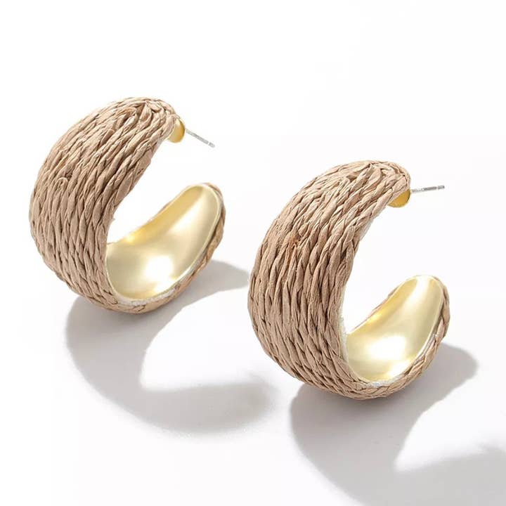 Pendientes de aros en forma de C de ratán, accesorios de verano para venta al por mayor de EcoFreax