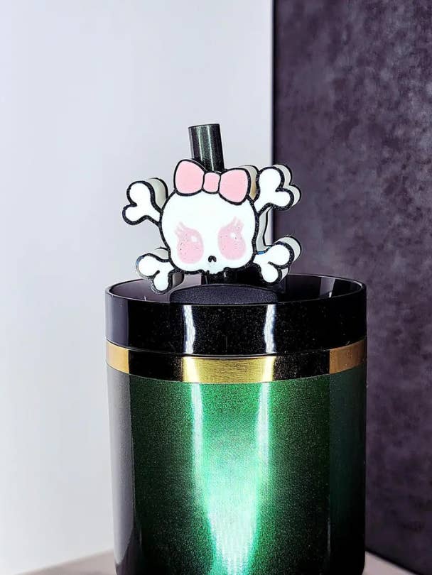 Girly Skull 3D Printed Straw Topper Charm For Tumblers for wholesale by Agape Designs 3D