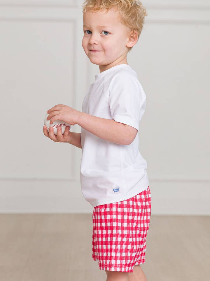 Boys Vintage Red Gingham Swim Trunks for wholesale on Faire