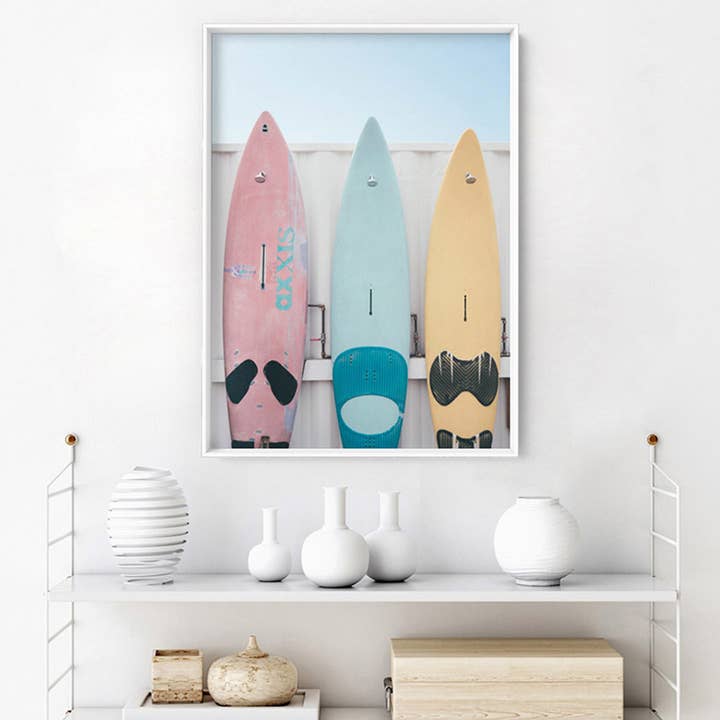 PRINT AND PROPER - Wholesale Art Print - Pastel Surfboards Art Print. Retro Grainy Beach Poster