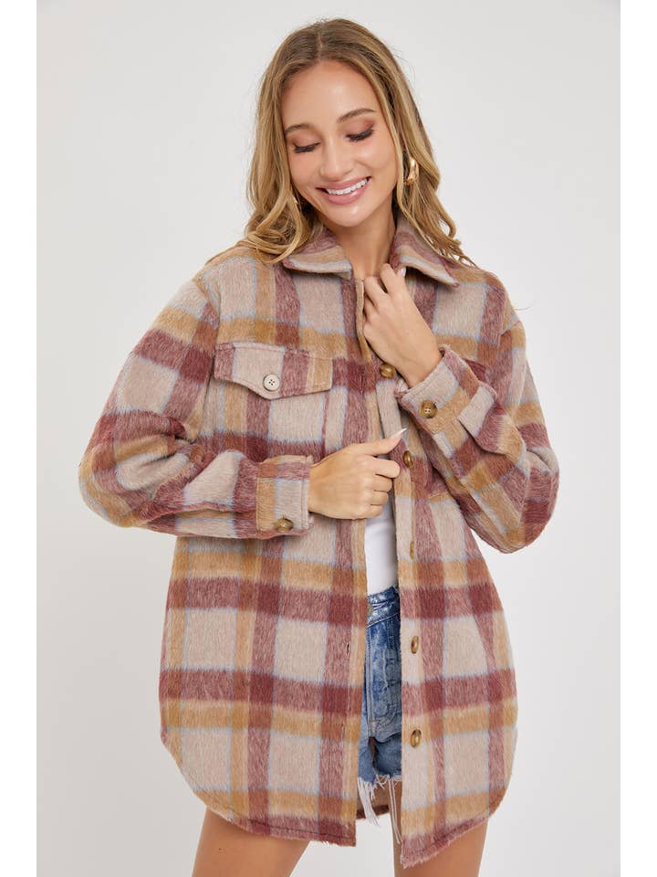 MAUVE BURGUNDY OUTERWEAR CLASSIC PLAID SHACKET/JACKET for wholesale on Faire10