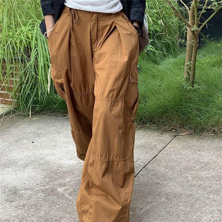 KHAKI Casual Drawstring Wide Leg Pants - Solid Color, Floor-Length for wholesale on Faire