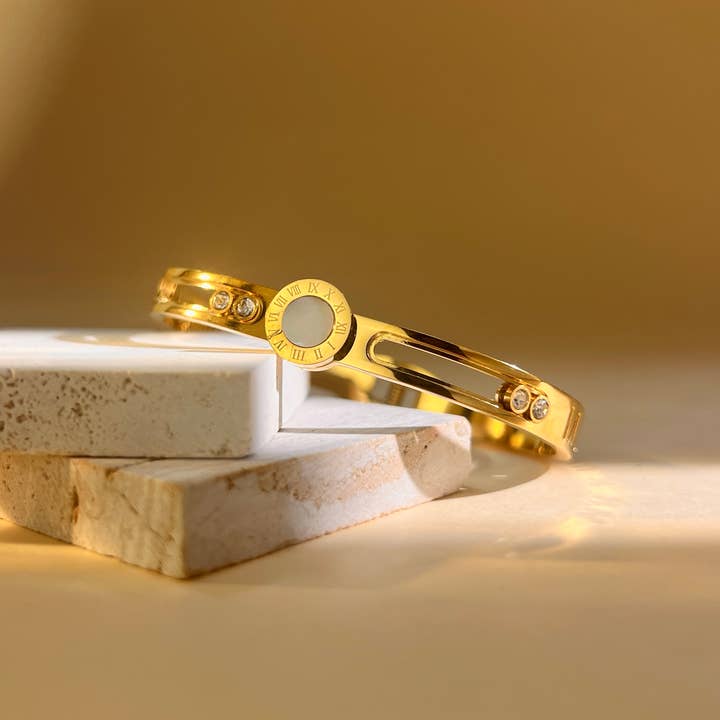 COSMOS - Wholesale Cuff Bracelet - Round Roman numerals & sliding rhinestones bracelet – Steel3