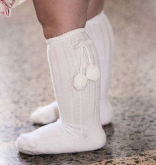 Classical Child - Vente Chaussettes – enfant - Chaussettes de genouillères à pompon haute couleur blanche0
