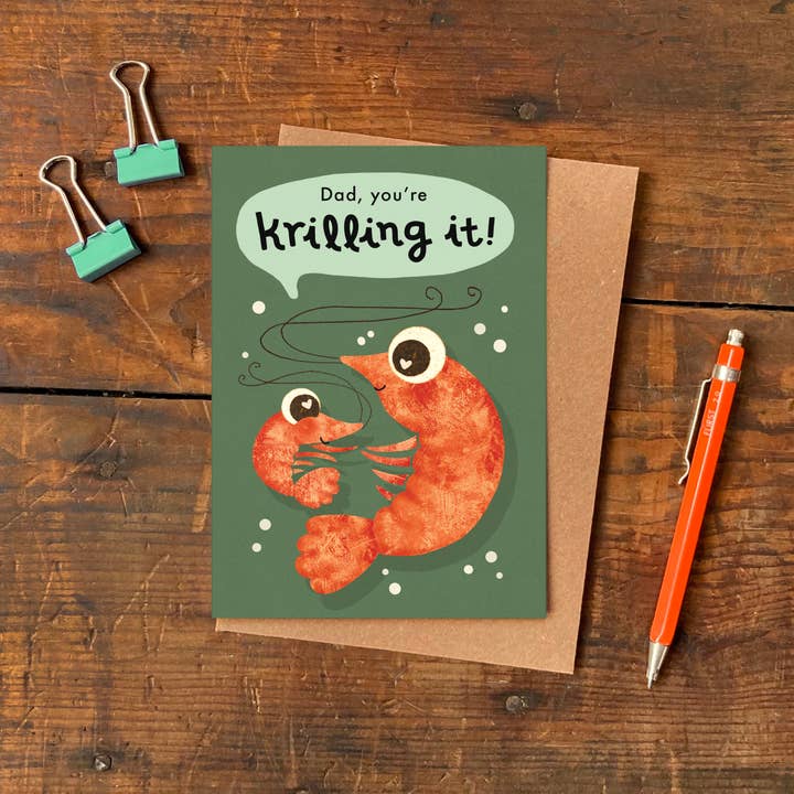 Emily Nash Illustration Greeting Cards – wholesale Father’s Day card – Krilling it Dad Greeting Card- Funny Prawn Father's Day Card1