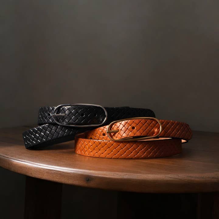 NAB LEATHER - Wholesale Belt - Women's - Aika - Tan Braided Embossed Leather Belt with Oval Buckle - Made in Canada