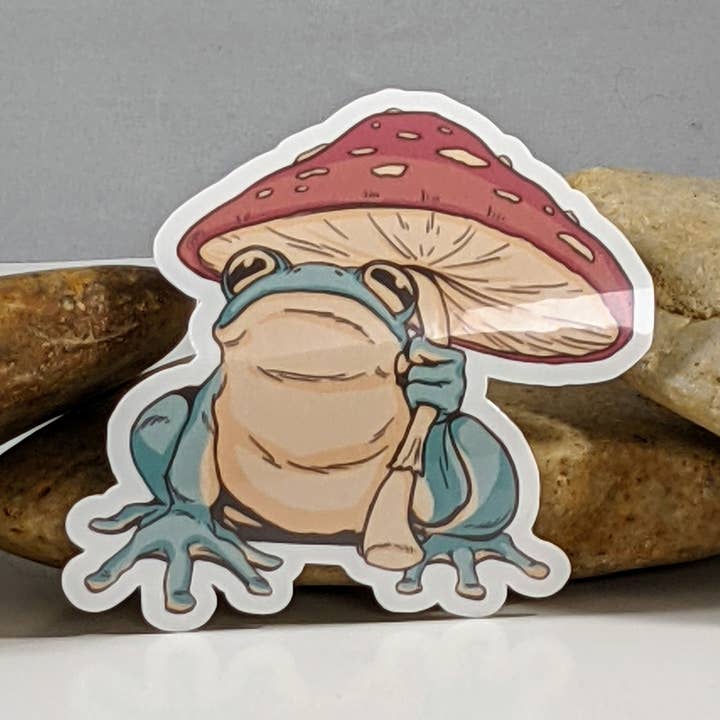 Frog With Mushroom Umbrella Cute 2.5" Sticker for wholesale by Mimic Gaming Co