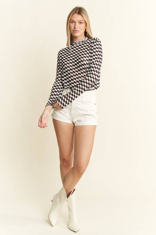 JADE BY JANE - Wholesale Knit Top - Women's -  CHECKERED MESH MOCK NECK TOP0