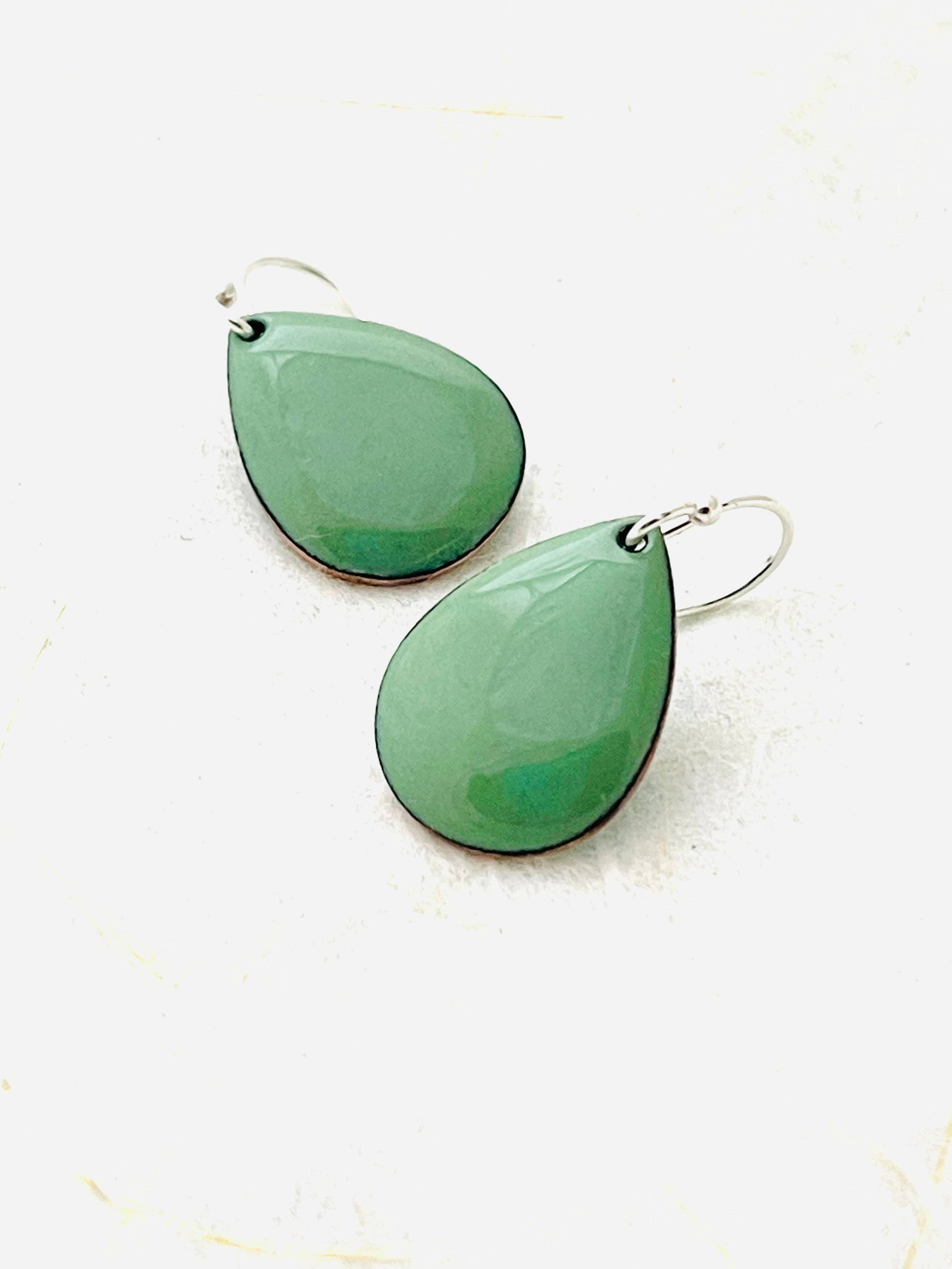 Magpie Mouse Studios – wholesale Dangle earrings – Small Teardrop Earrings, Willow Green Enamel Earrings5