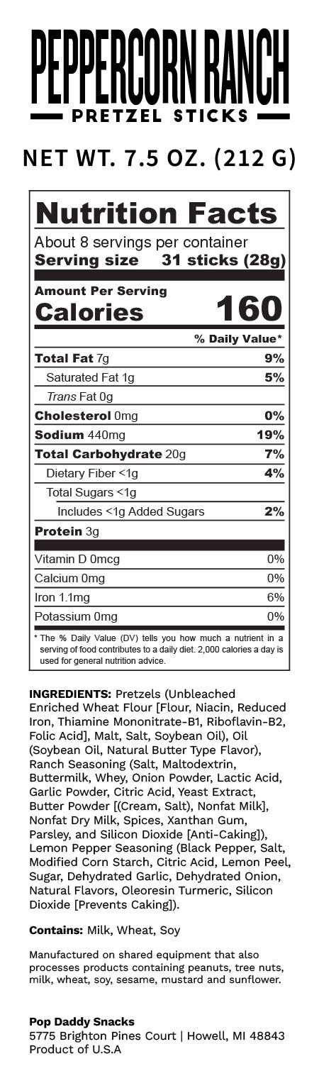 Pop Daddy Snacks - Vente Bretzels - Pop Daddy — Bretzels assaisonnés ranch aux grains de poivre 7,5 oz2