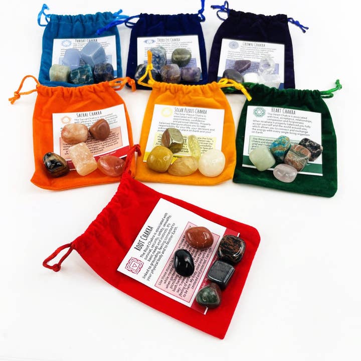 Rock Paradise - Wholesale Spiritual Stone/Crystal - Crystal Chakra Plush Pouch with Info Card & Tumbled Stones3