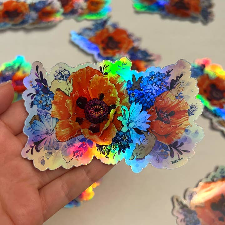 Holographic Bunny and Flower Sticker for wholesale by Liz Burdick Arts