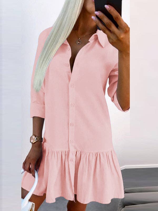 UZ Wholesale Store - Vendita all'ingrosso Vestito - Donna - Mini abiti a camicia con risvolto diviso in tinta unita plissettati a maniche lunghe2