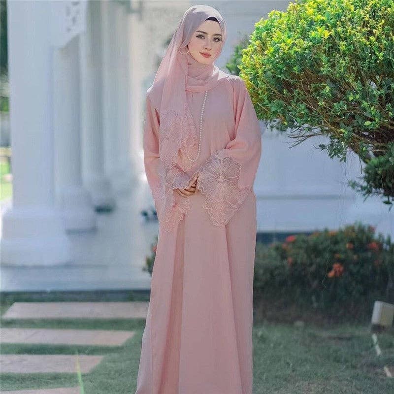 FurDecoration – Kaftan - Mulher por atacado – Mulher Muçulmana de Cor Sólida Abaya com Lenço de Cabeça4