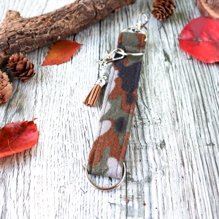 Kimmi Jo - Wholesale Keychain - Women's - Brown Camo Wristlet Keychain with Charm Bar and Tassel
