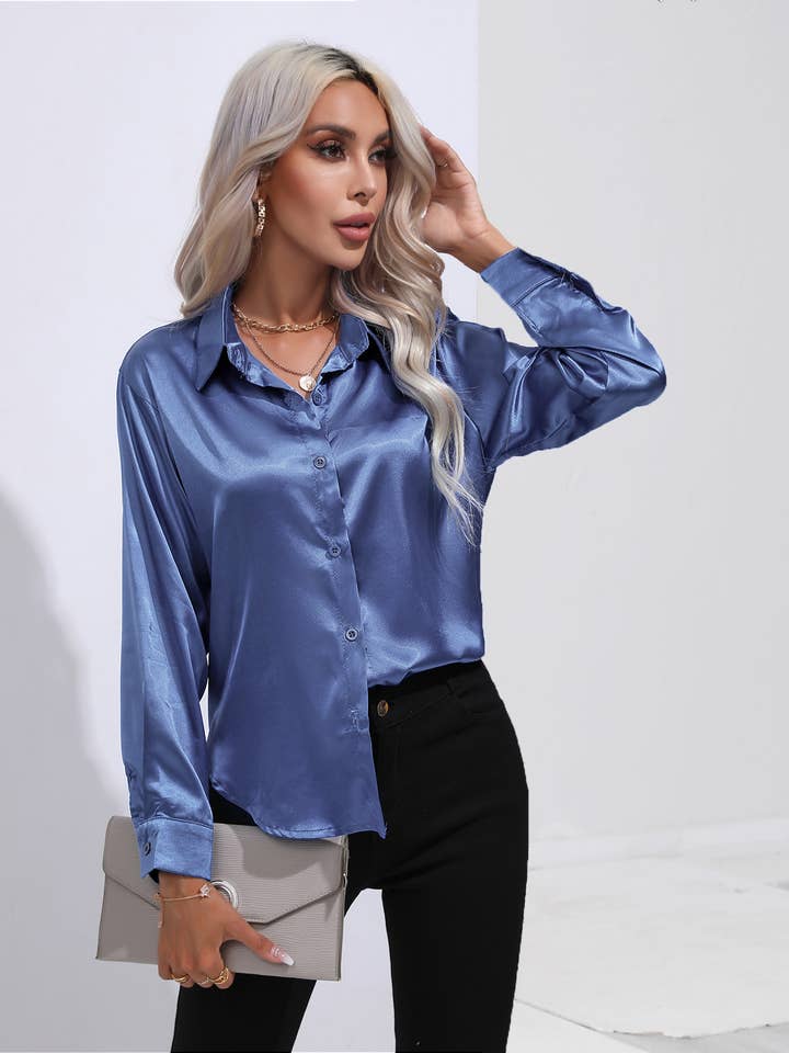 EmberLoom - Wholesale Buttoned-down shirt – Women's - Women's Satin Shirt - Silk-like Long Sleeve Blouse45
