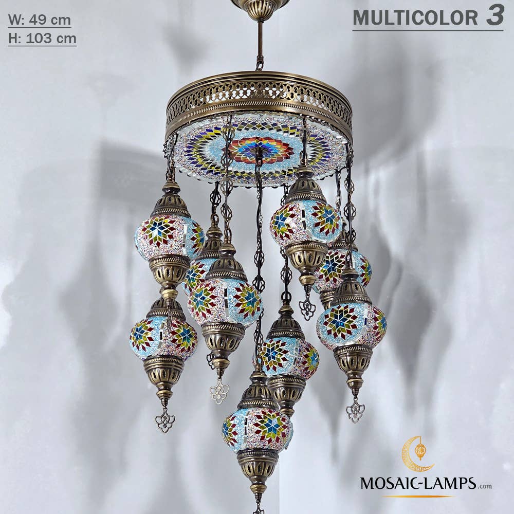 Mosaic Lamps – Großhandel Kronleuchter/Hängeleuchte – 9+1 türkische Kronleuchter mit gemischtem Globusmosaik, gemischte Siedlung17