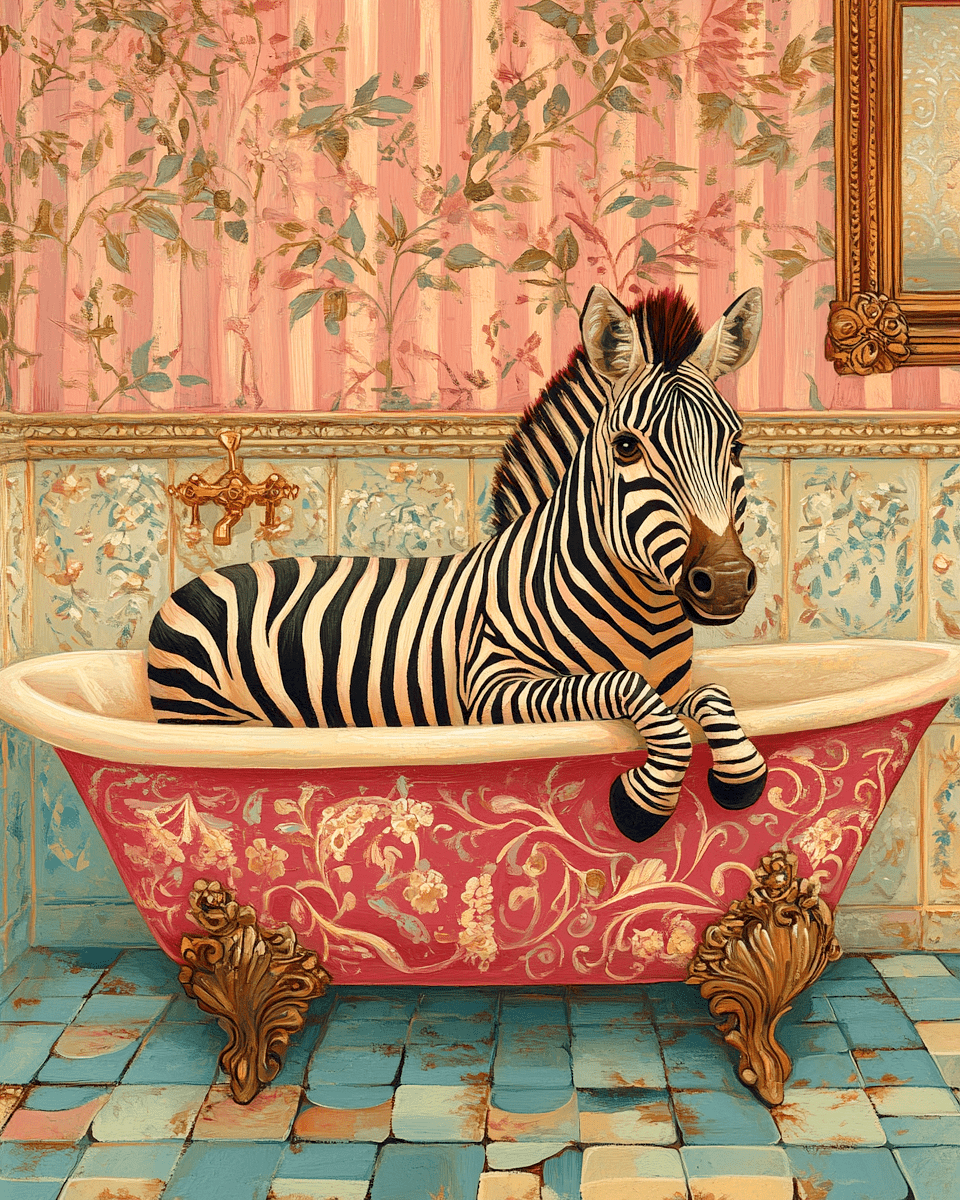 Mowbi - Vendita all'ingrosso Stampa artistica - Zebra in vasca da bagno vintage rosa - Stampe d'arte da parete per il bagno – Opera d'arte 8″x10″ per cornice 11″x14″0